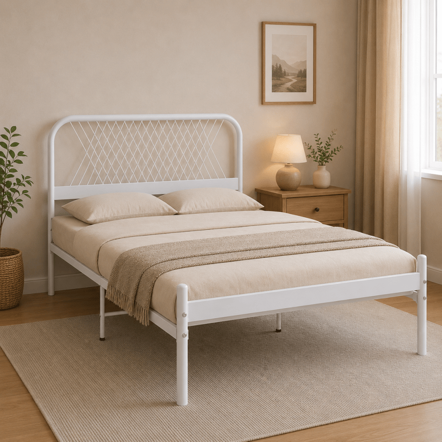 سرير معدني أبيض بتصميم عملي مودرن 140×200 سم