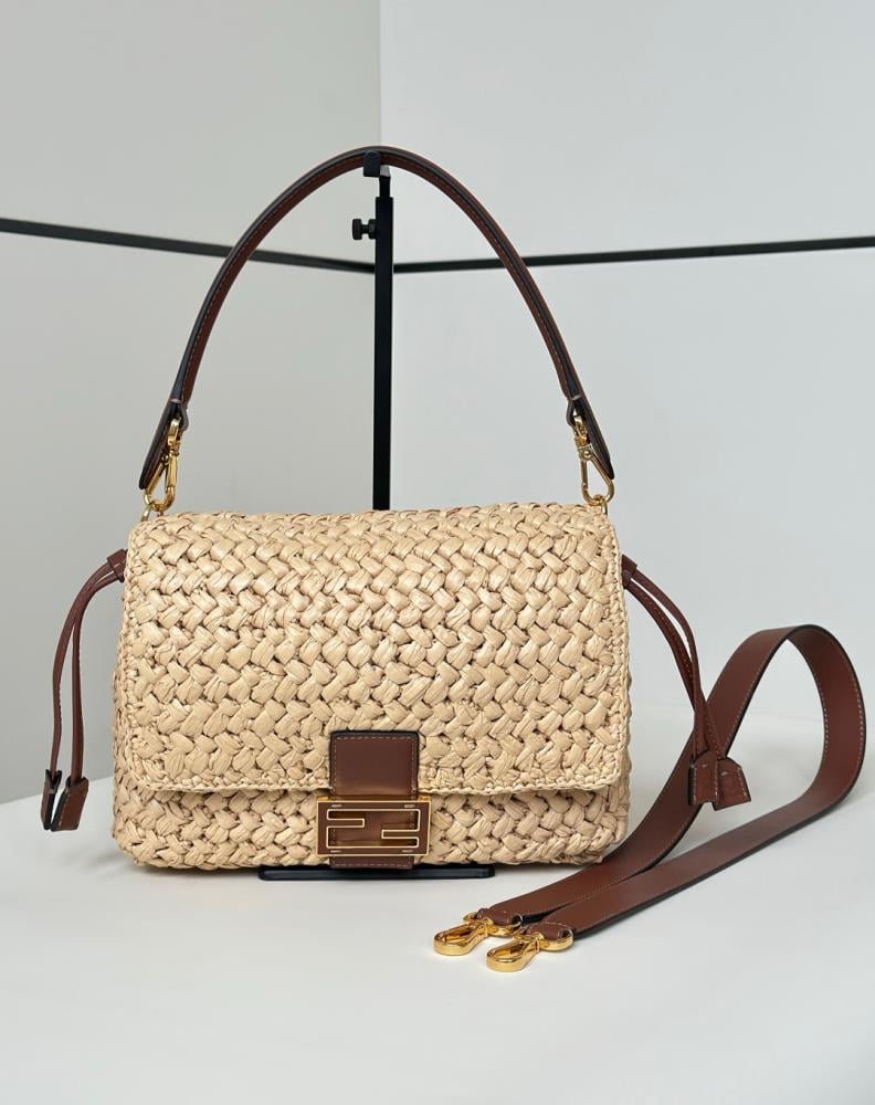 Baguette Mini Hazelnut-stitch raffia-effect material bag