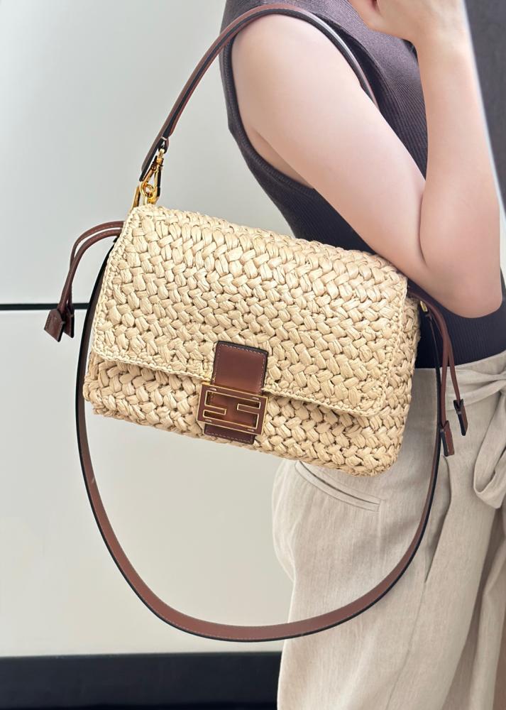 Baguette Mini Hazelnut-stitch raffia-effect material bag