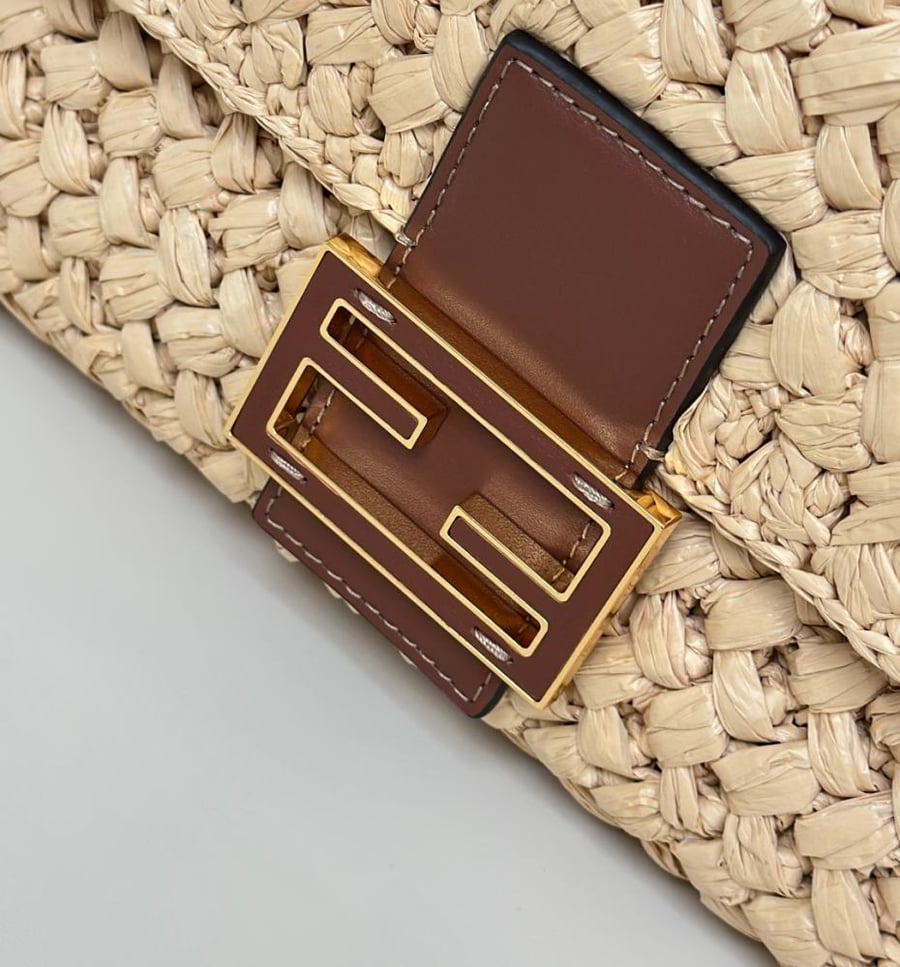 Baguette Mini Hazelnut-stitch raffia-effect material bag