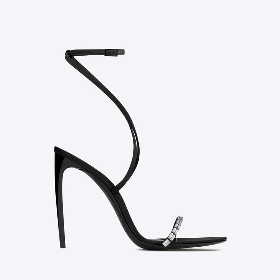 Saint Laurent Gloria Sandals in Crepe Satin with Rhinestones (Woman)