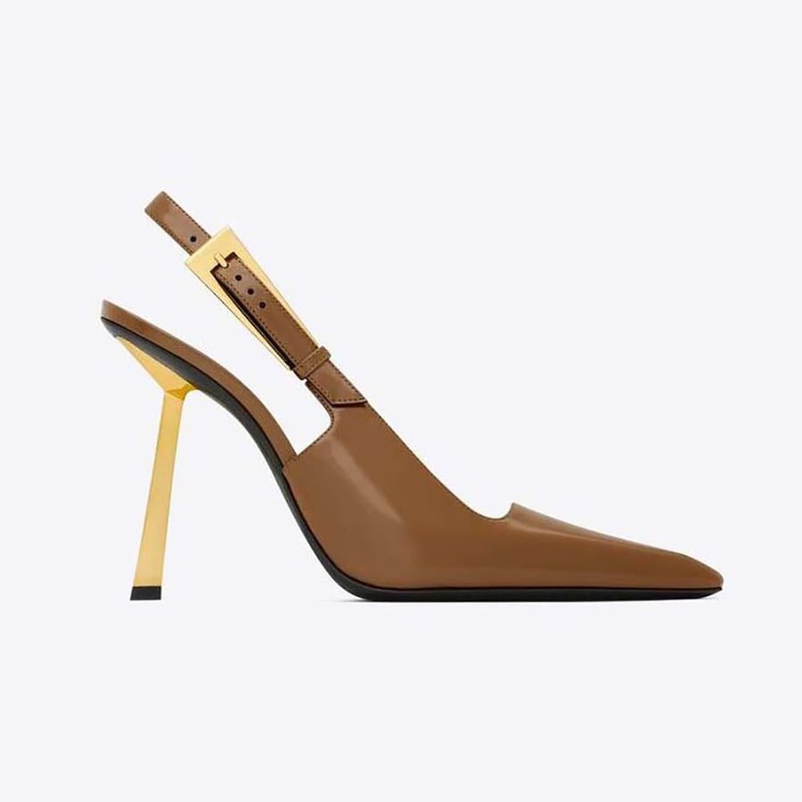 Saint Laurent Lee Slingback Pumps in Glazed Leather – Brown (Woman)