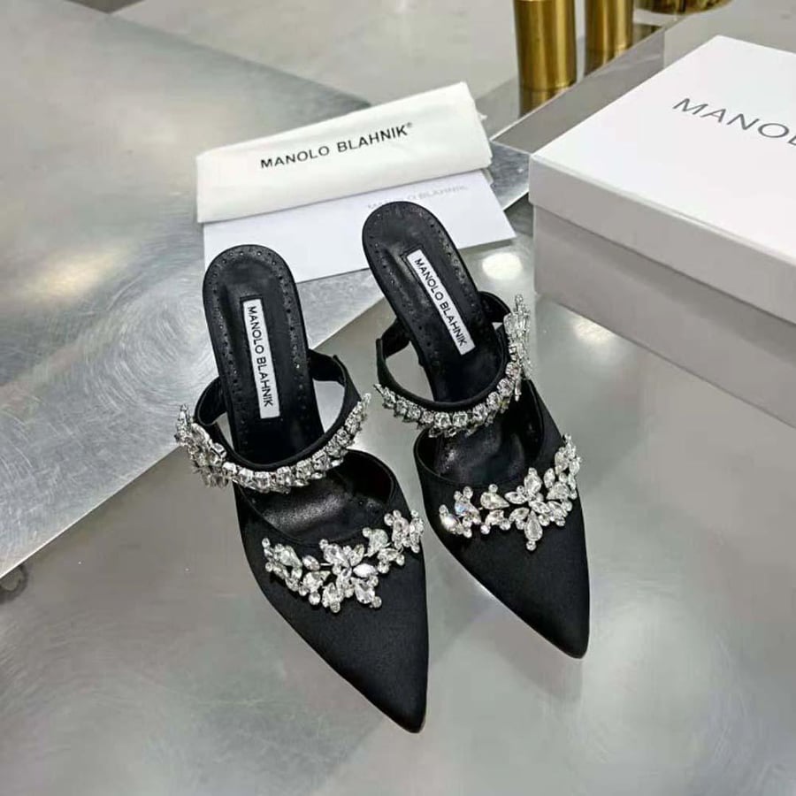 Manolo Blahnik Black Satin Crystal Embellished Mules (Woman)