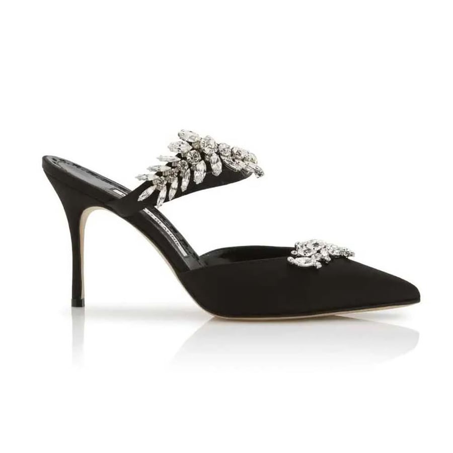 Manolo Blahnik Black Satin Crystal Embellished Mules (Woman)