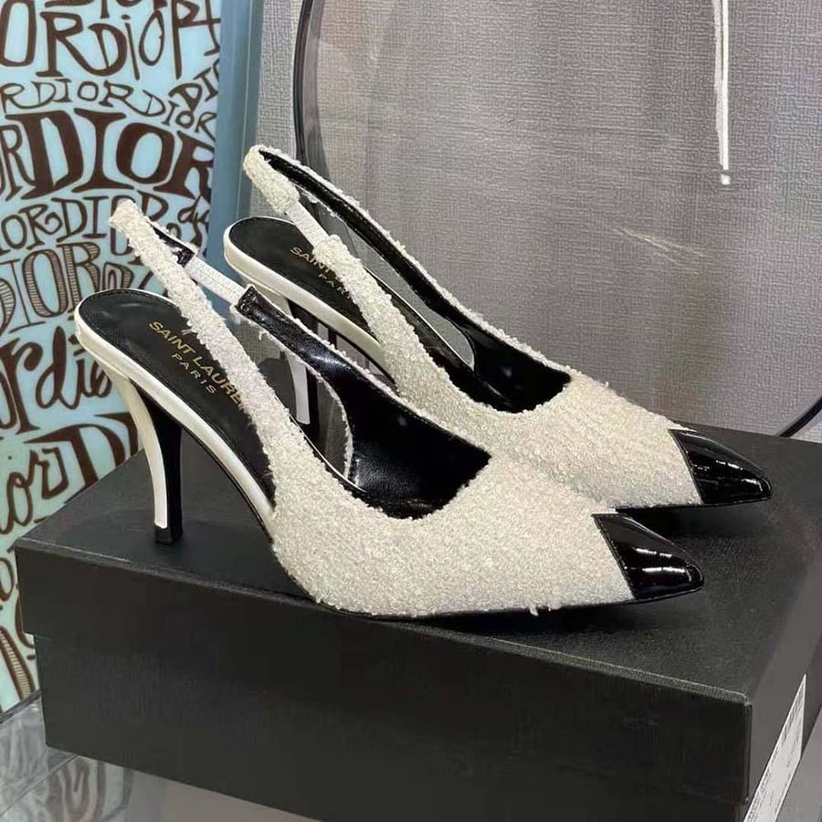 Saint Laurent Vesper Slingback Pumps in Boucle Tweed – White (Woman)