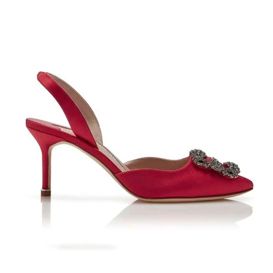 Manolo Blahnik Red Satin Jewel Buckle Slingback Pumps (Woman)