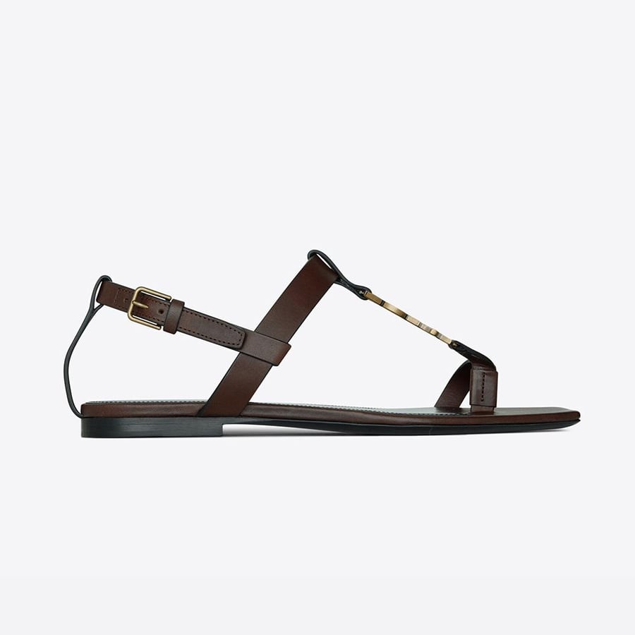 Saint Laurent Cassandra Flat Sandals in Smooth Leather with Gold-Tone Monogram – Brown (Woman)
