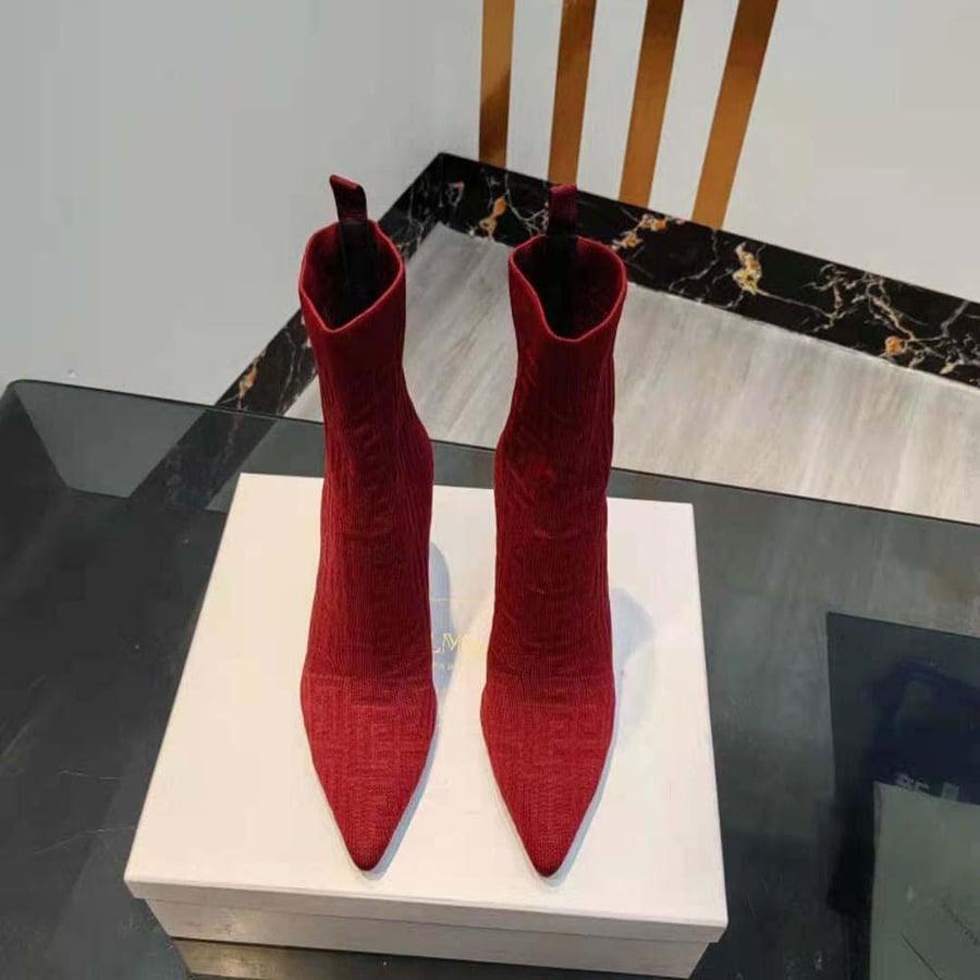 Balmain Moneta Monogrammed Knit Ankle Boots with Engraved Heel – Red (Woman)