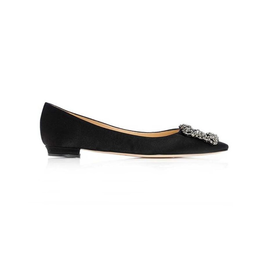 Manolo Blahnik Hangisi Flat Satin Jewel Buckled Flats – Black (Woman)