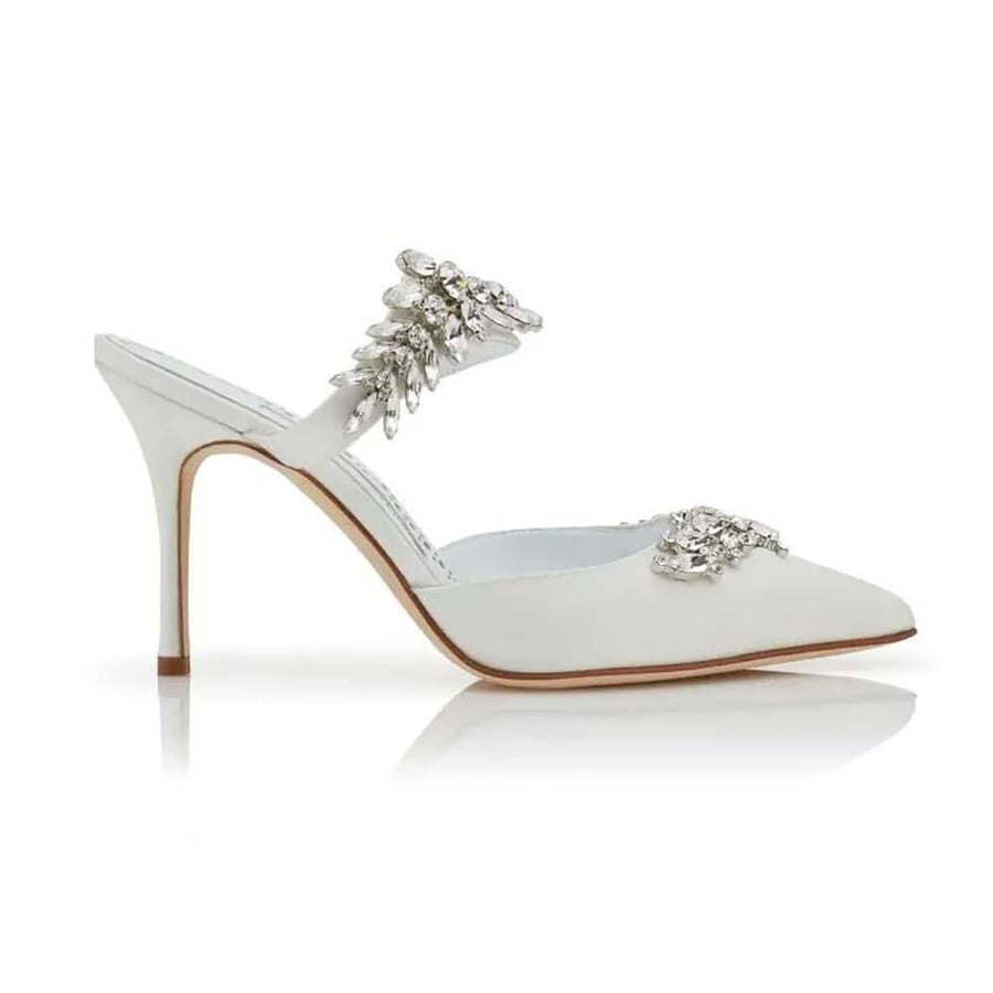 Manolo Blahnik White Satin Crystal Embellished Mules (Woman)