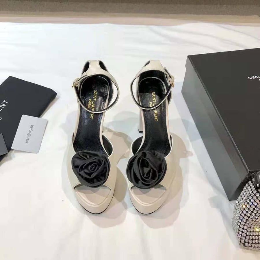 Saint Laurent Jodie Platform Sandals in Smooth Leather with Silk Satin Flower – White (Woman)