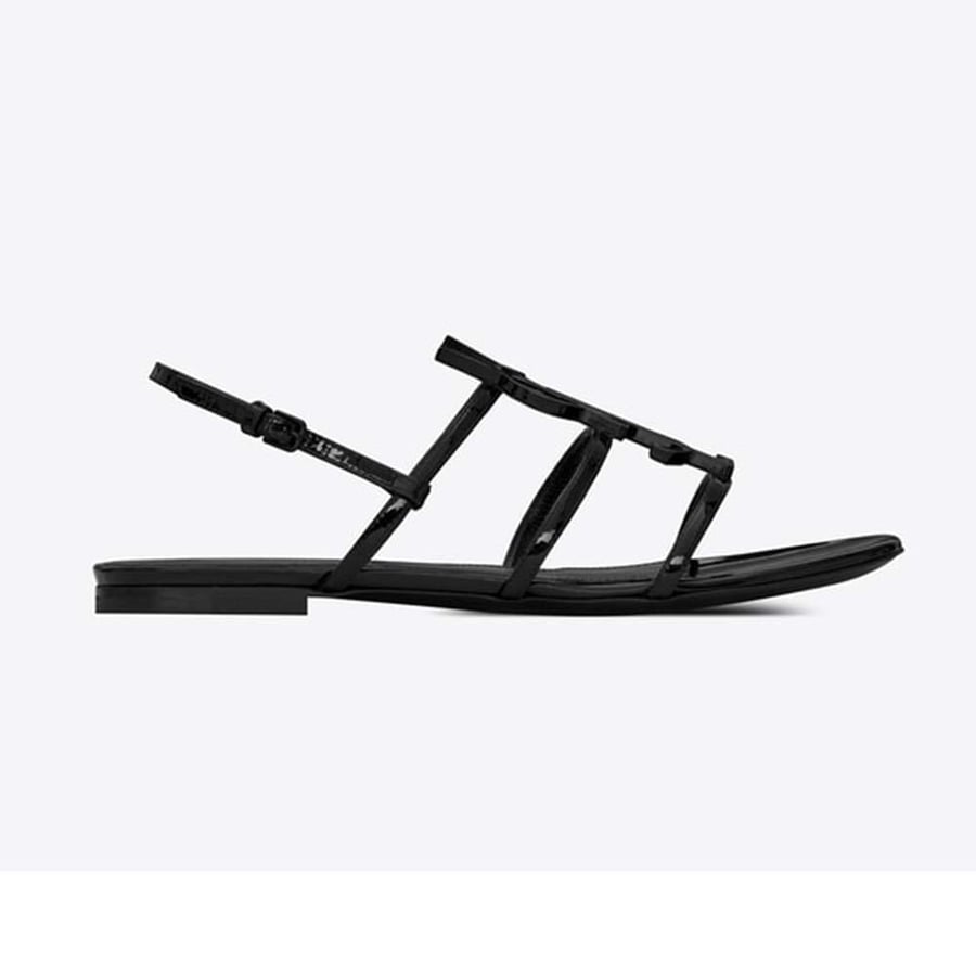 Saint Laurent Cassandra Open Sandals with Black Logo in Patent Leather (Woman)