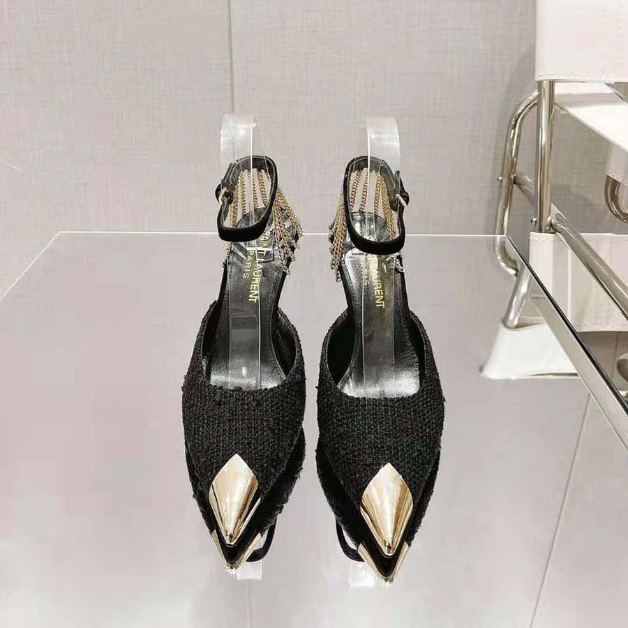 Saint Laurent Sling-Chain Pumps in Boucle Tweed (Woman)