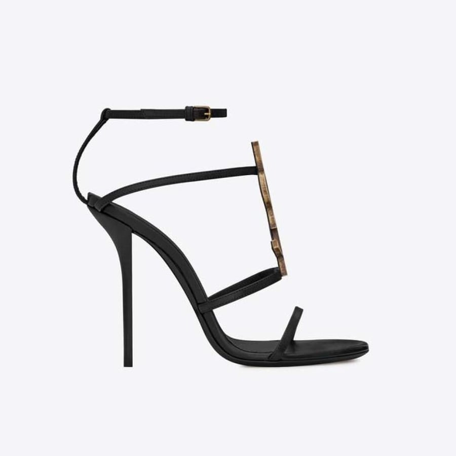 Saint Laurent Cassandra Sandals with Gold Logo in Smooth Leather 110mm Heel – Black (Woman)
