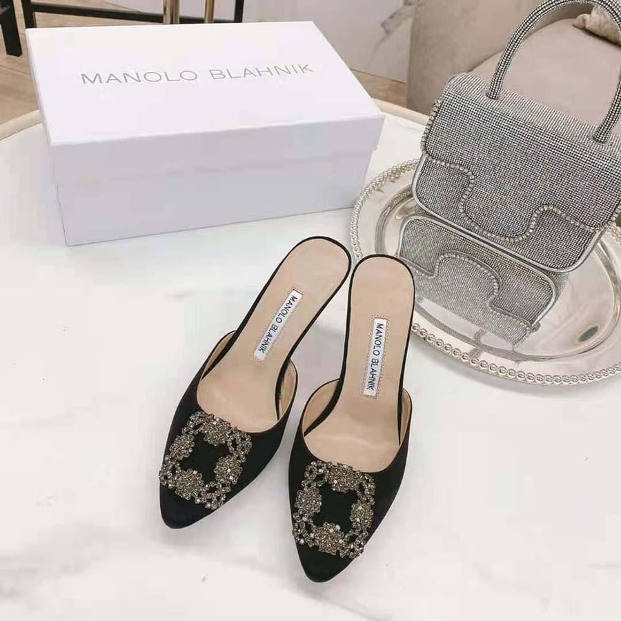 Manolo Blahnik Black Satin Jewel Buckle Mules (Woman)