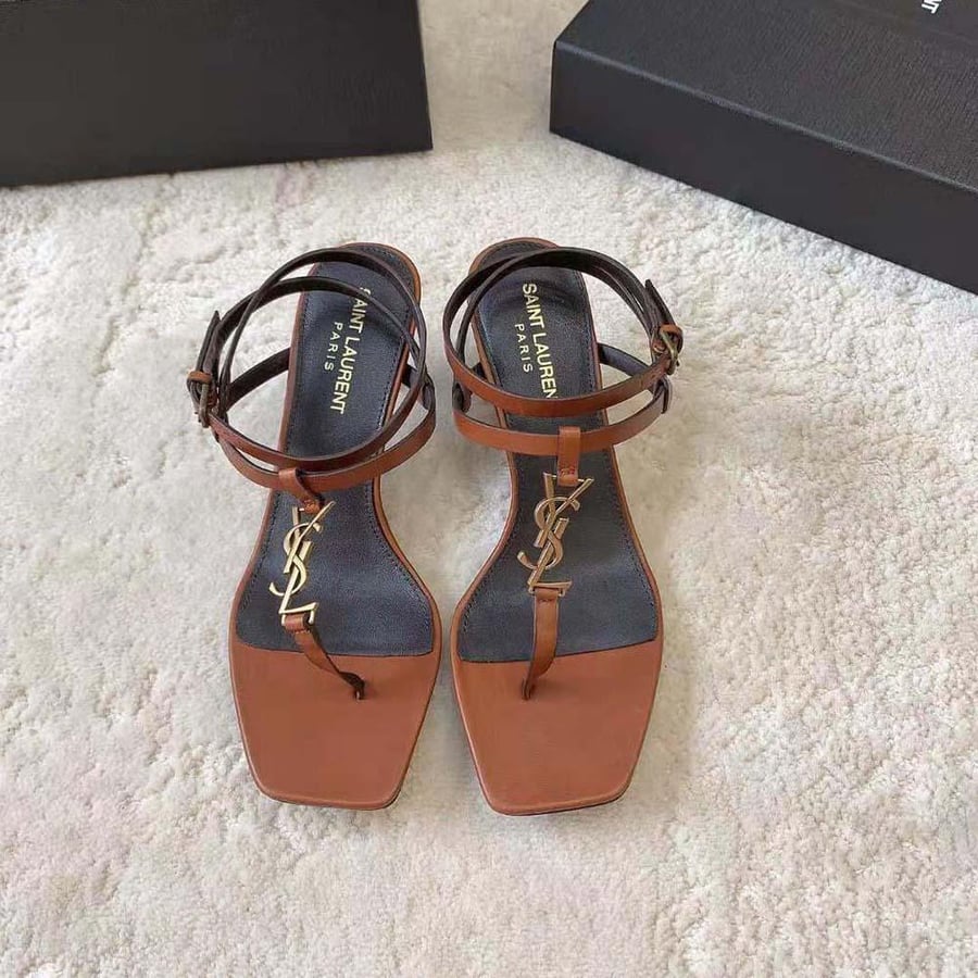 Saint Laurent Cassandra Sandals in Smooth Leather – Brown (Woman)