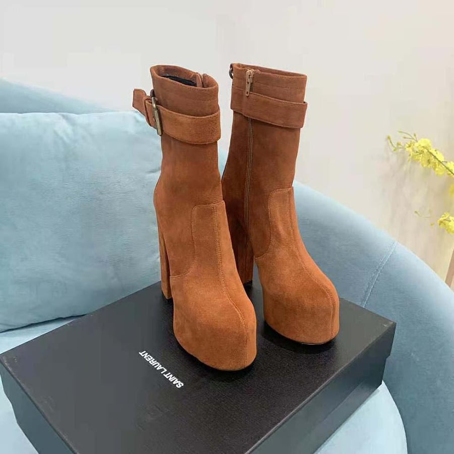 Saint Laurent Cherry Buckle Platform Booties in Suede – Brown (Woman)