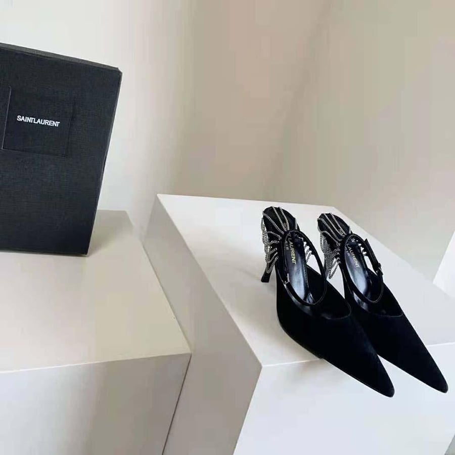 Saint Laurent Sling-Chain Pumps in Suede – Black (Woman)