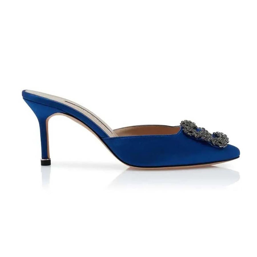 Manolo Blahnik Blue Satin Jewel Buckle Mules (Woman)