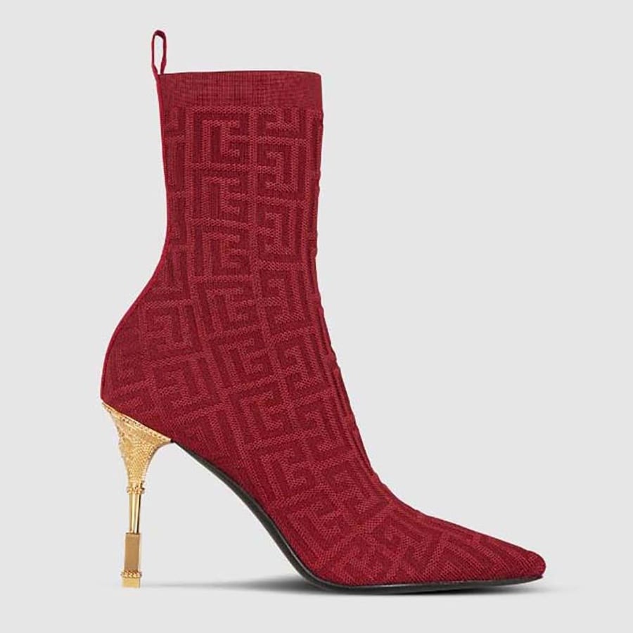 Balmain Moneta Monogrammed Knit Ankle Boots with Engraved Heel – Red (Woman)