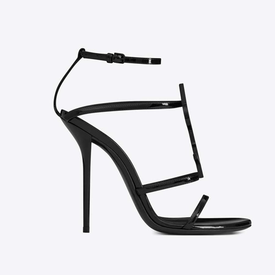 Saint Laurent Cassandra Sandals with Black Logo in Patent Leather 110mm Heel – Black (Woman)