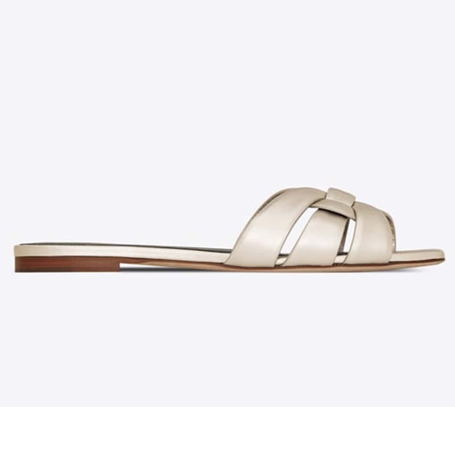 Saint Laurent Tribute Flat Sandals in Metallic Leather – White (Woman)