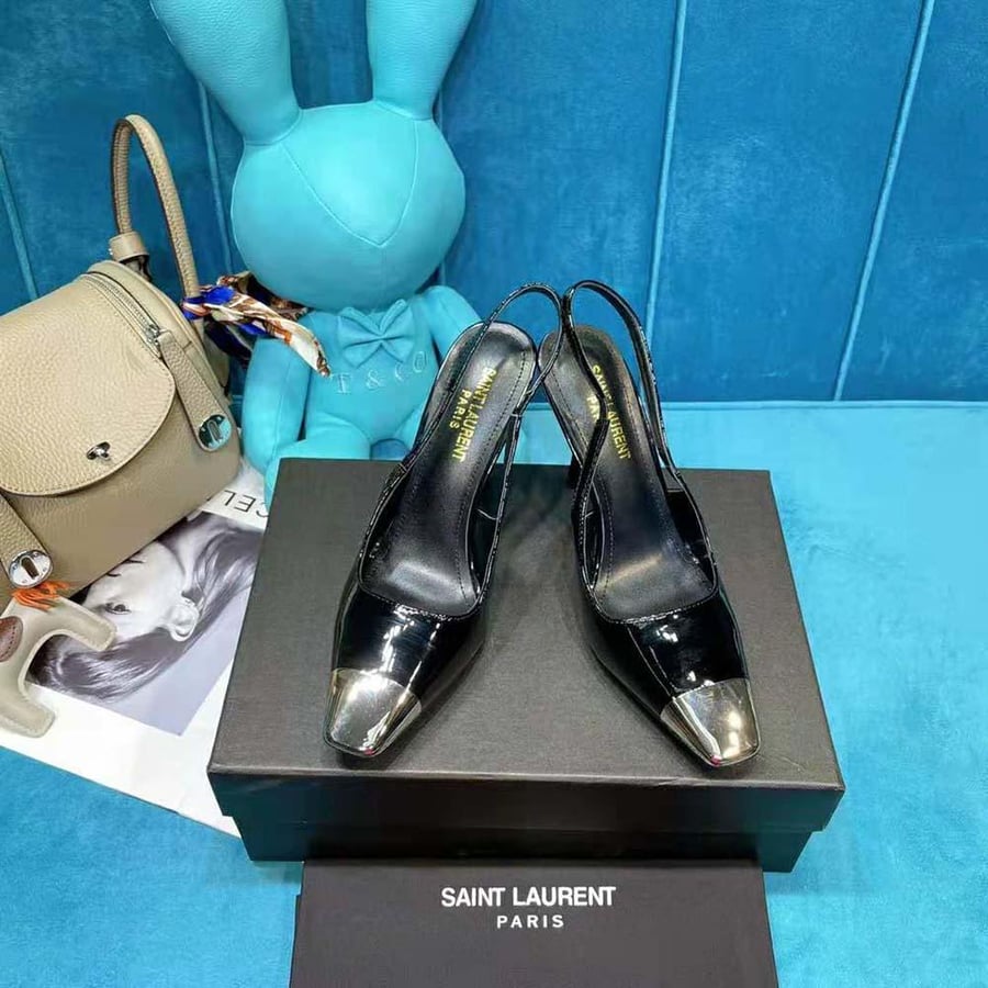 Saint Laurent Blade Slingback Pumps in Patent Leather – High Heel Silver Toe (Woman)