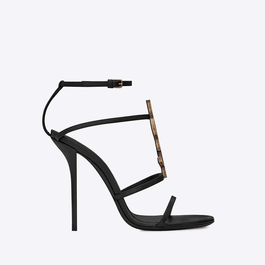 Saint Laurent Cassandra Sandal with Gold Logo in Smooth Leather 11cm Heel (Woman)