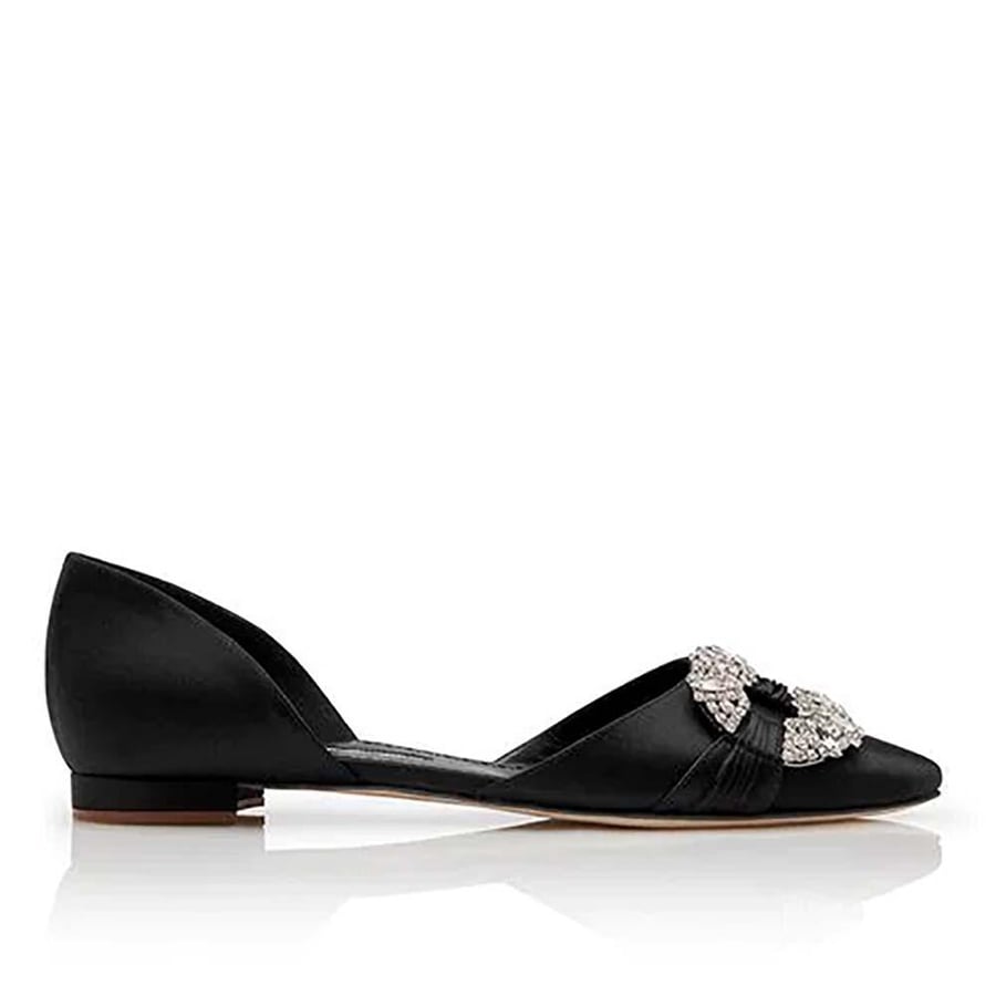 Manolo Blahnik Luanda Satin Crystal Embellished D'Orsay Flats 10mm Heel – Black (Woman)
