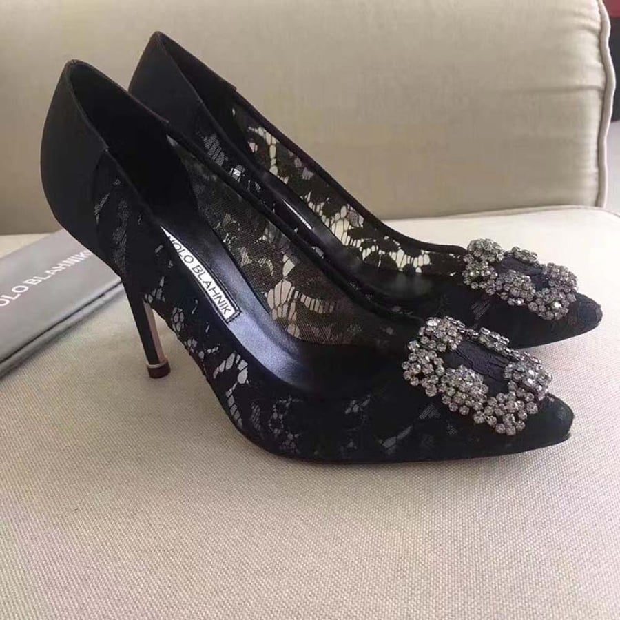 Manolo Blahnik Hangisi Lace Jewel Buckled Pumps – Black (Woman)