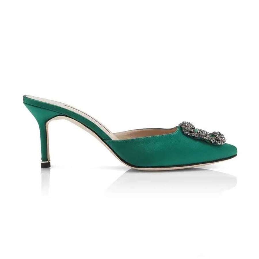 Manolo Blahnik Green Satin Jewel Buckle Mules (Woman)