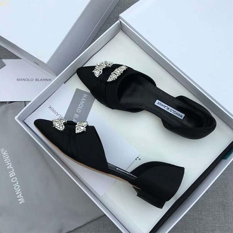 Manolo Blahnik Luanda Satin Crystal Embellished D'Orsay Flats 10mm Heel – Black (Woman)