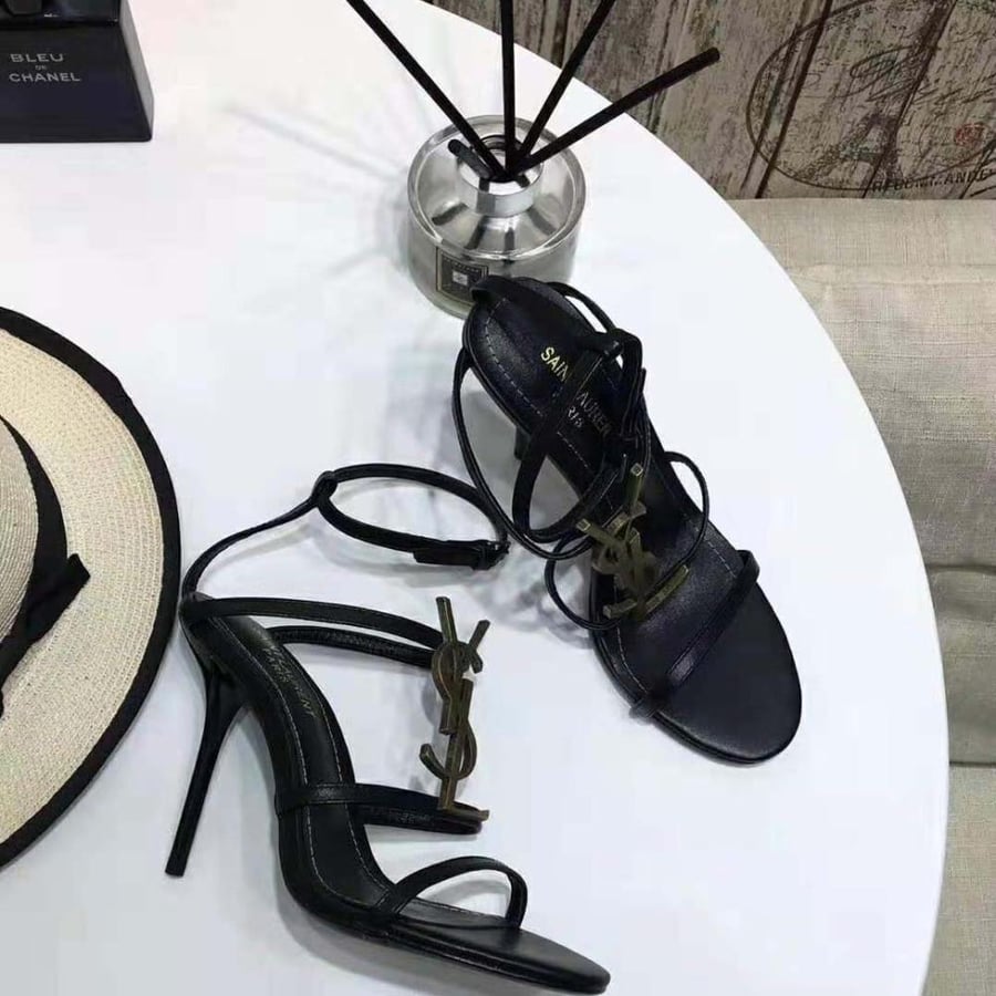 Saint Laurent Cassandra Sandals with Black Logo in Patent Leather 110mm Heel – Black (Woman)