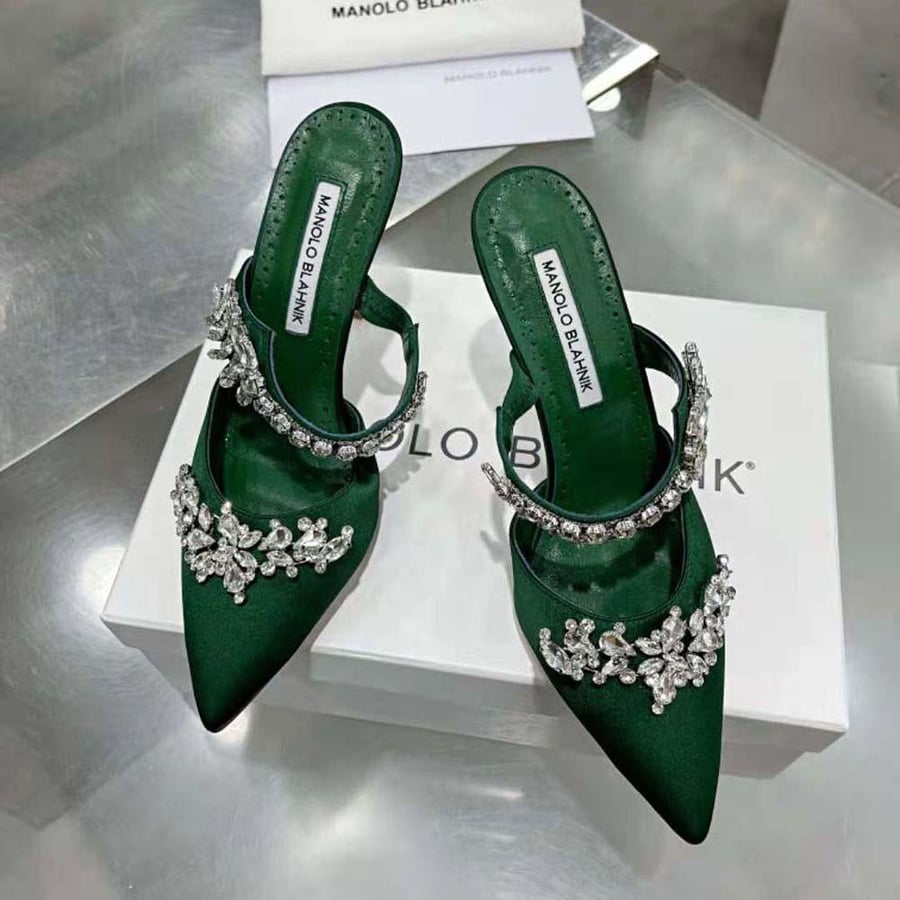 Manolo Blahnik Green Satin Crystal Embellished Mules (Woman)