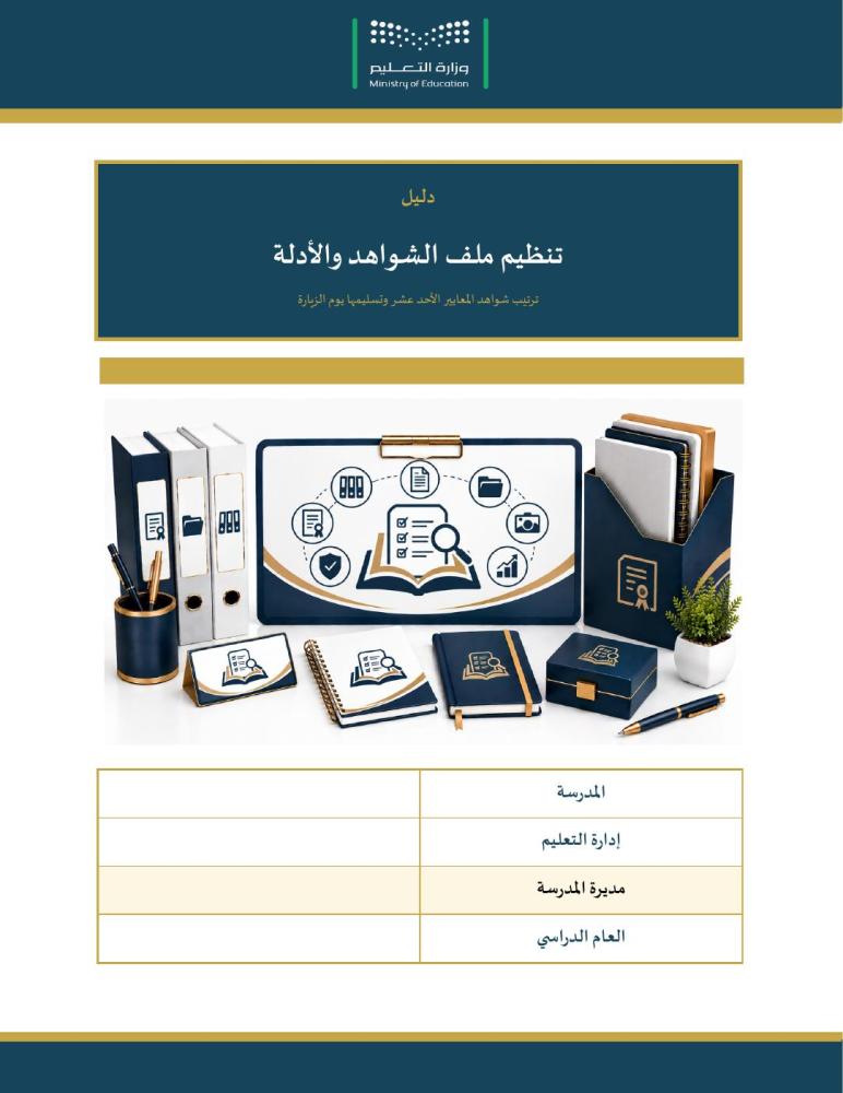 دليل تنظيم ملف الشواهد والأدلة — أحد عشر بابًا بعدد معايير الاعتماد · قائمة تسليم يوم الزيارة · عمودي ٢٨ صفحة · بنين وبنات (Word + PDF)