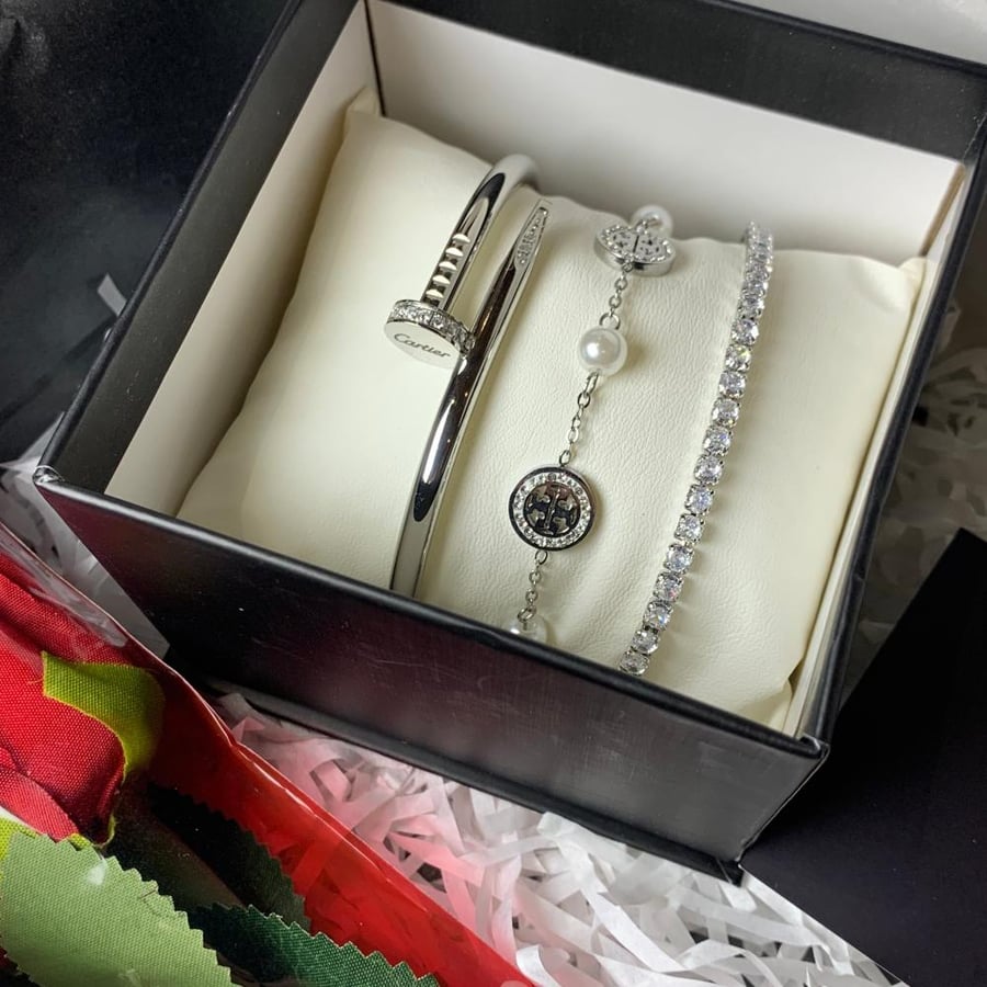 Three silver bracelet coordination