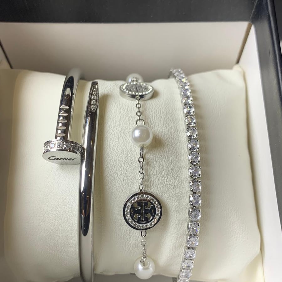 Three silver bracelet coordination
