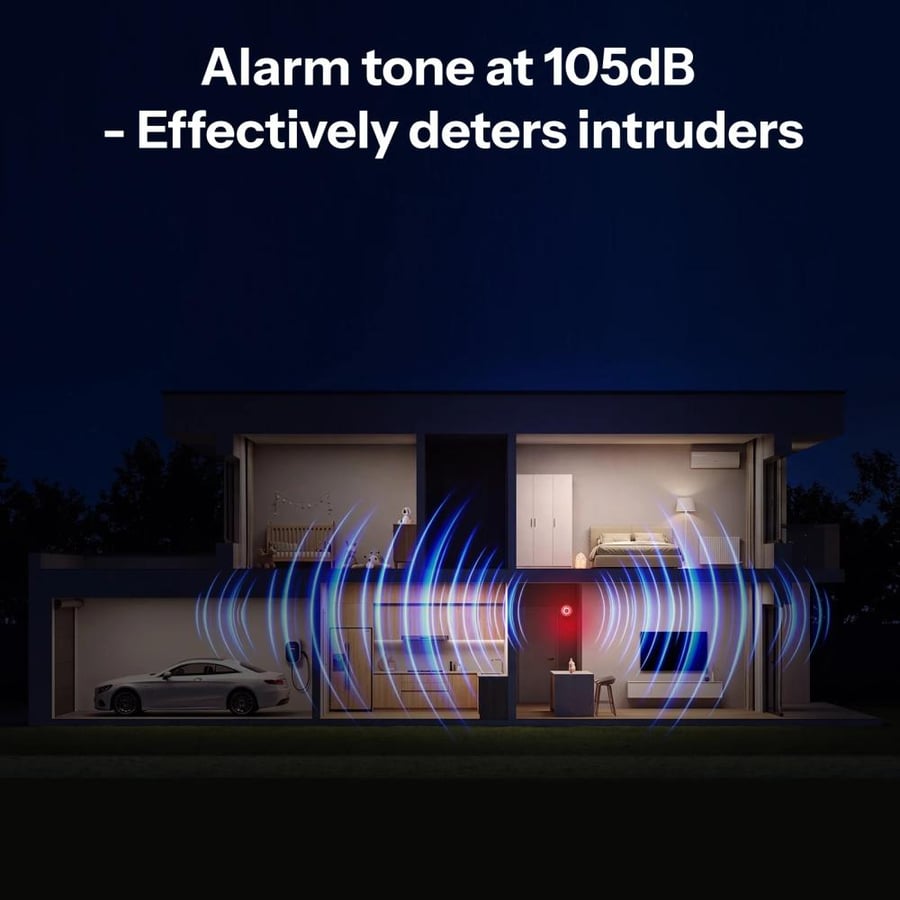 جهاز إنذار داخلي SONOFF SNZB-09P Zigbee SenseGuard بصوت إنذار عالي 105 ديسيبل وتنبيهات ضوئية حمراء، مزود بمصدر طاقة مزدوج عبر USB وبطارية احتياطية.