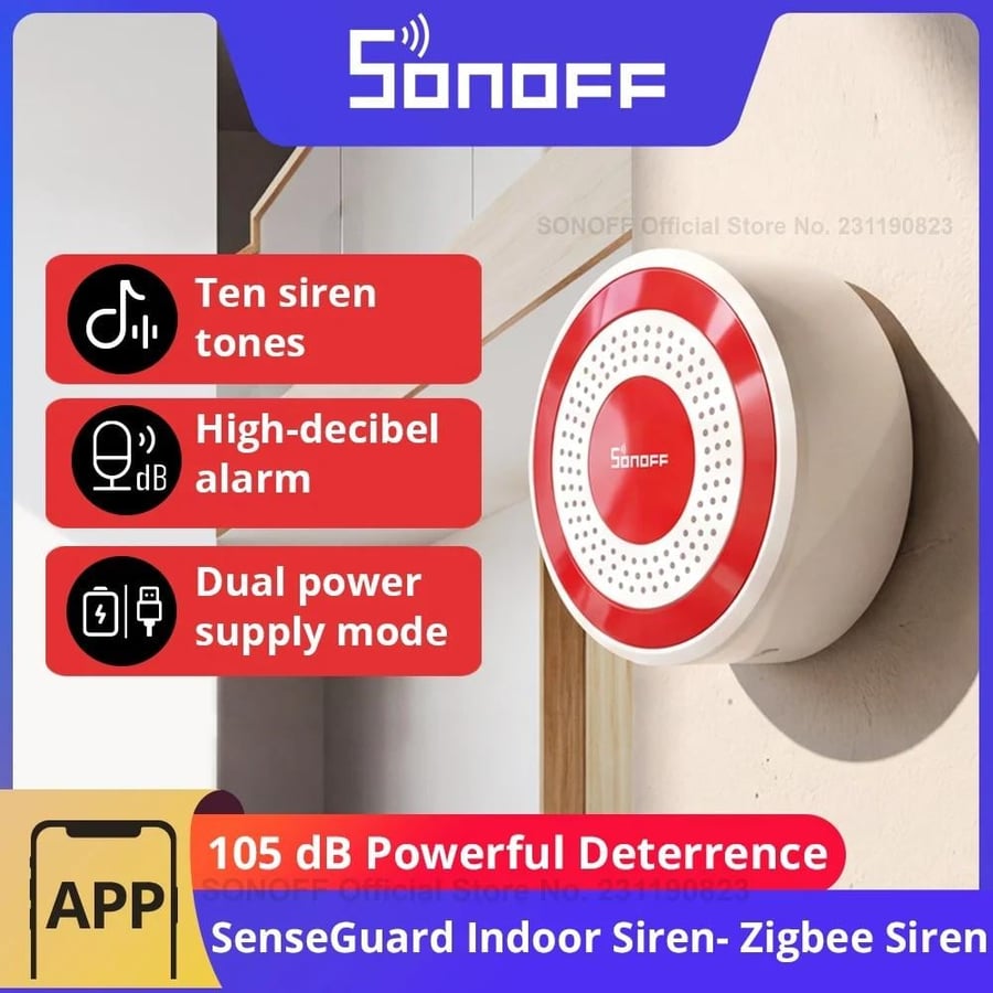 جهاز إنذار داخلي SONOFF SNZB-09P Zigbee SenseGuard بصوت إنذار عالي 105 ديسيبل وتنبيهات ضوئية حمراء، مزود بمصدر طاقة مزدوج عبر USB وبطارية احتياطية.
