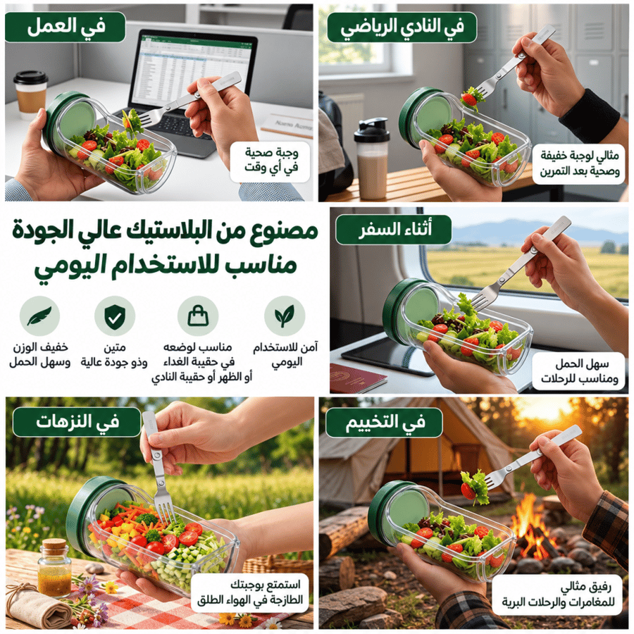 وعاء سلطة محمول مانع للتسرب مع كوب صلصة وشوكة لتحضير الوجبات