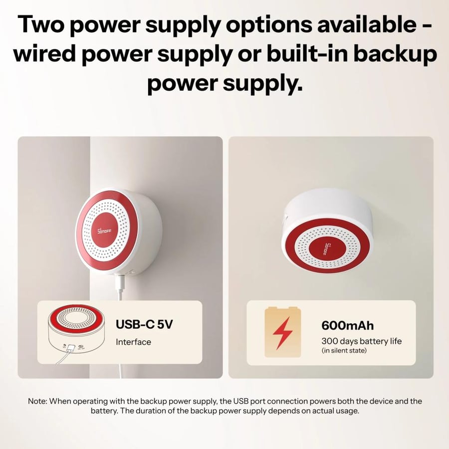 جهاز إنذار داخلي SONOFF SNZB-09P Zigbee SenseGuard بصوت إنذار عالي 105 ديسيبل وتنبيهات ضوئية حمراء، مزود بمصدر طاقة مزدوج عبر USB وبطارية احتياطية.