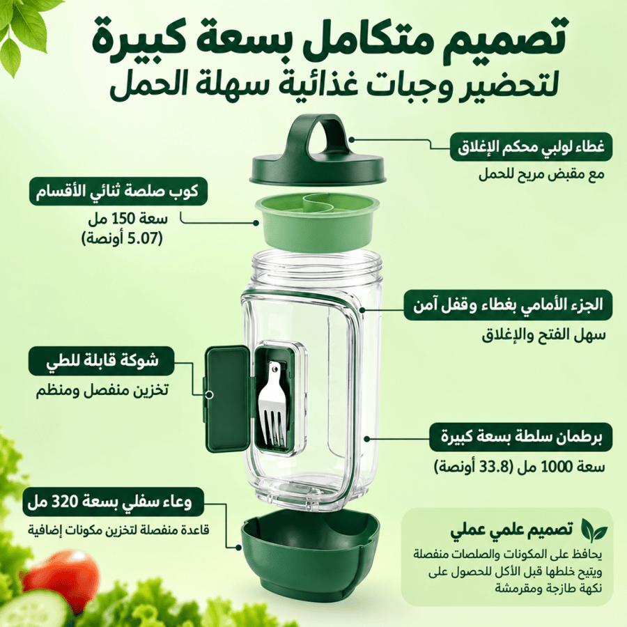 وعاء سلطة محمول مانع للتسرب مع كوب صلصة وشوكة لتحضير الوجبات