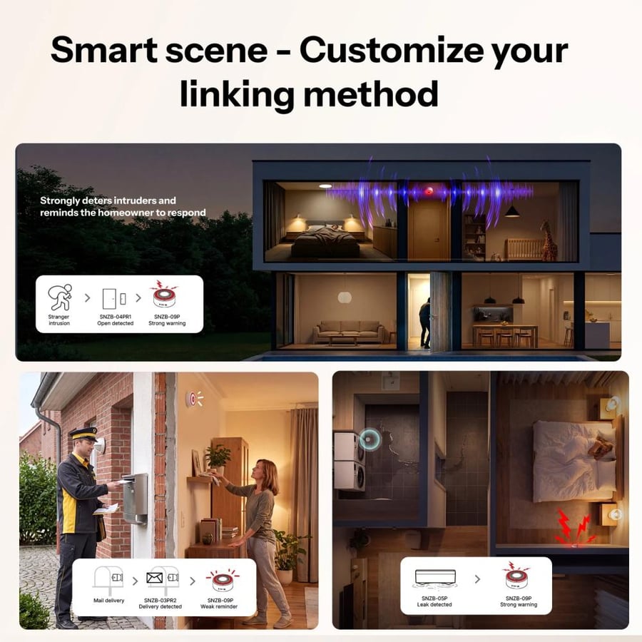 جهاز إنذار داخلي SONOFF SNZB-09P Zigbee SenseGuard بصوت إنذار عالي 105 ديسيبل وتنبيهات ضوئية حمراء، مزود بمصدر طاقة مزدوج عبر USB وبطارية احتياطية.