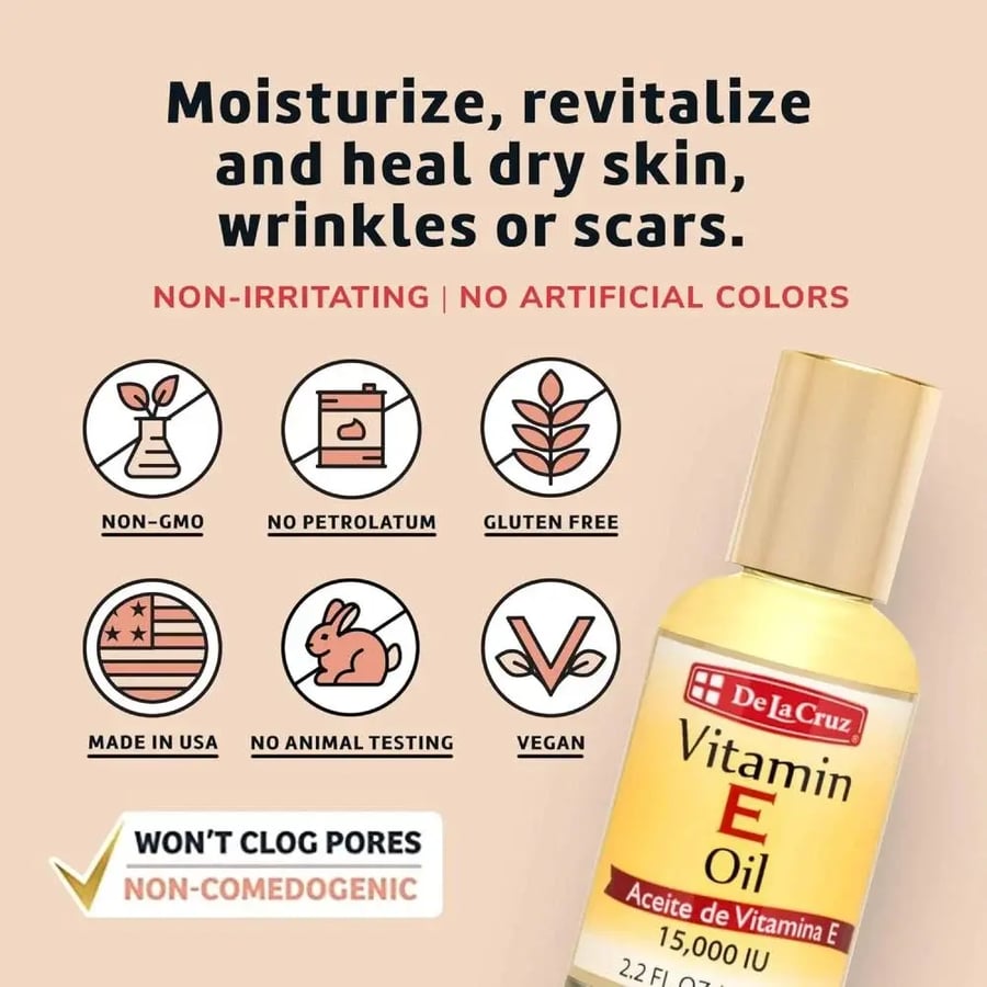 Vitamin E oil moisturizer and softener for skin and body from De La Cruz - 65 ml