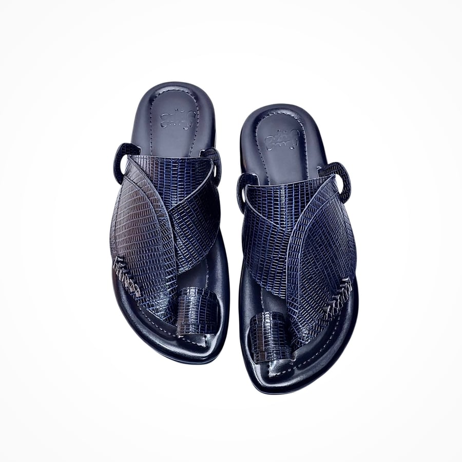 Genuine leather, lizard print, dark navy color