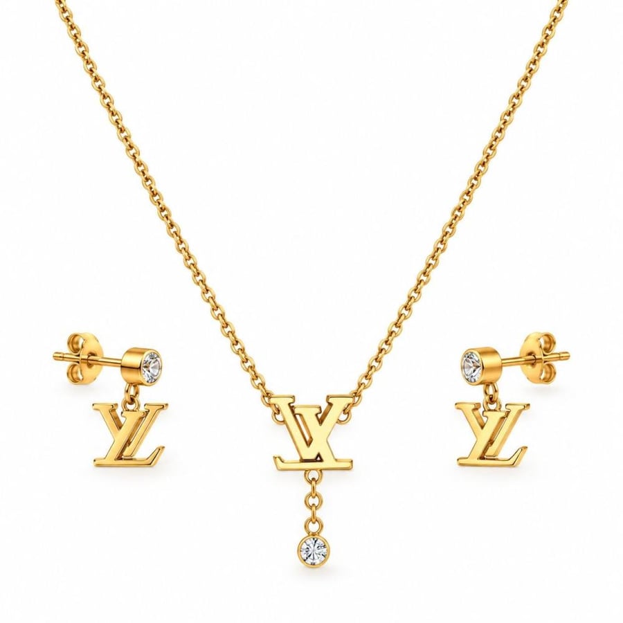 طقم اكسسوار نسائي أنيق (قلادة وأقراط) بتصميم شعار LV المنسدل مع الفصوص اللامعة مستوحى من لويس فيتون
