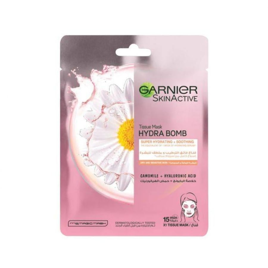 Hydra Bomb face mask with chamomile extract and hyaluronic acid from Garnier