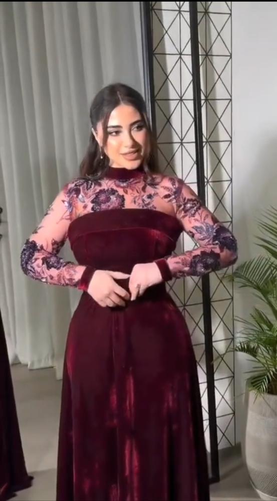 فستان سهره انيق قماش مخمل على شيفون مشجر