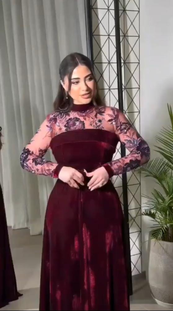 فستان سهره انيق قماش مخمل على شيفون مشجر
