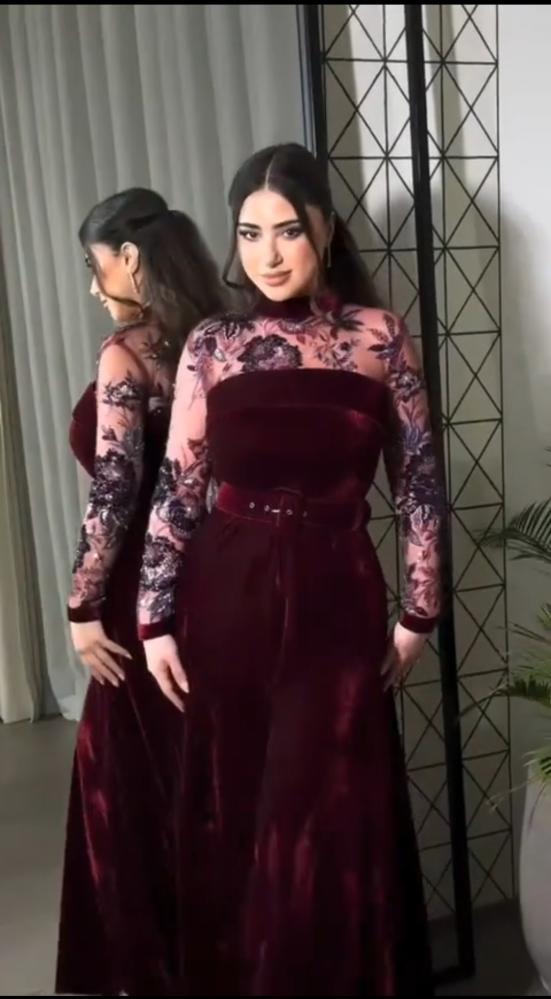 فستان سهره انيق قماش مخمل على شيفون مشجر